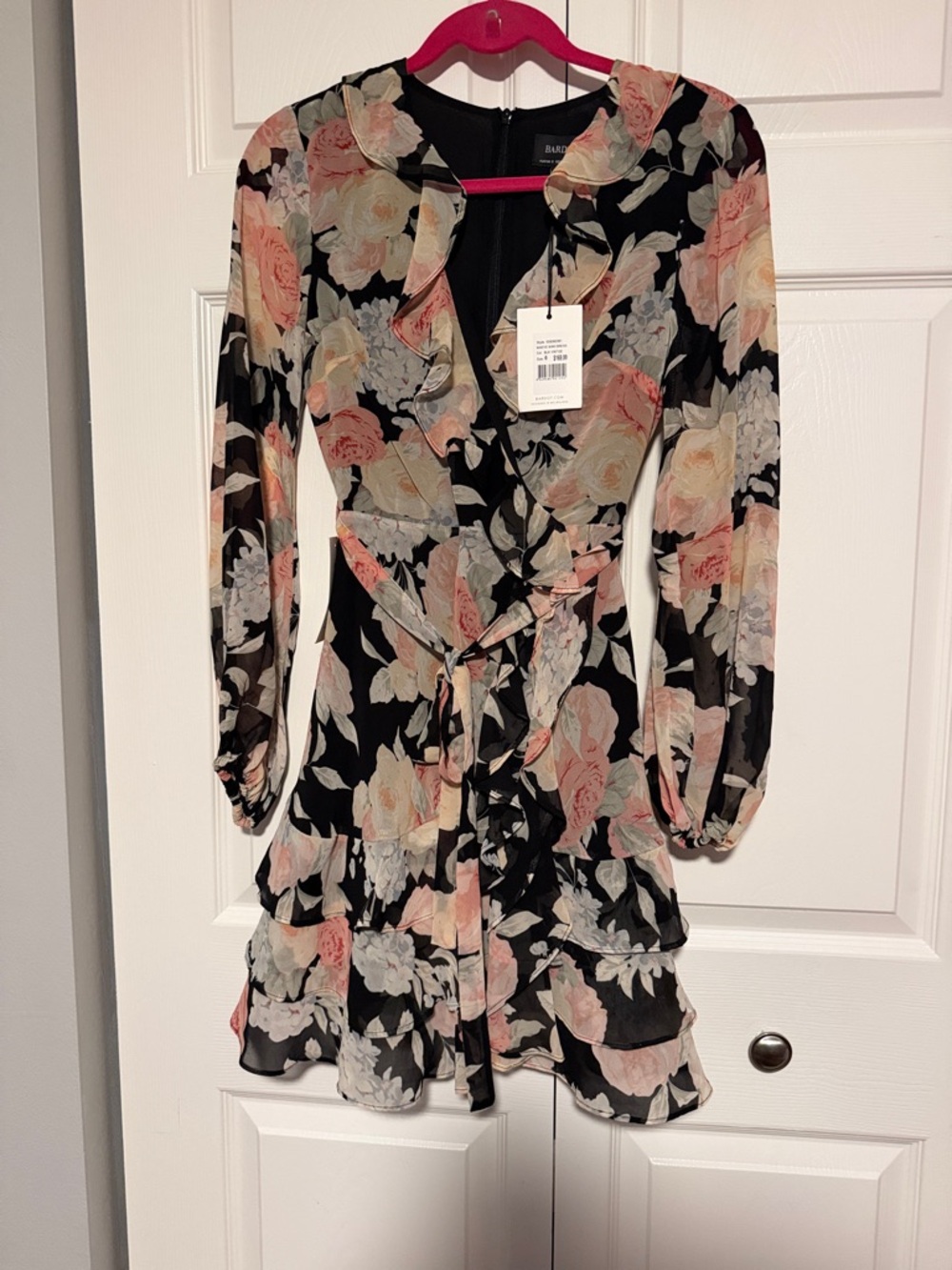 Bardot Black Mini Dress with Peach Floral Print